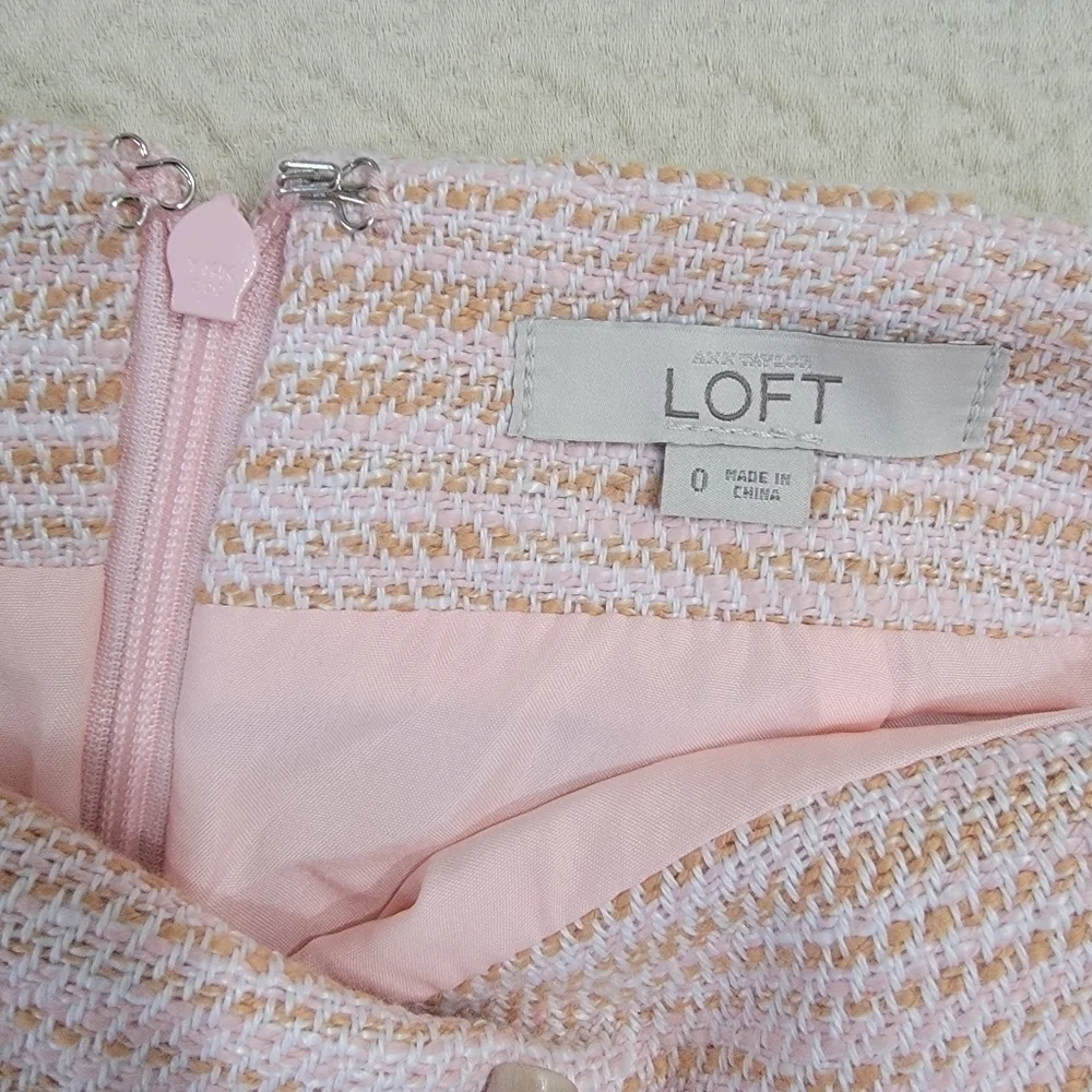 LOFT Pink Black Gray Textured Skirt Fringe Hem Zipper Front Pockets Size 0